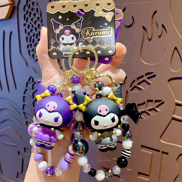 authentic sanrio cartoon beaded bracelet keychain, creative kuromi car & bag key chain doll pendant