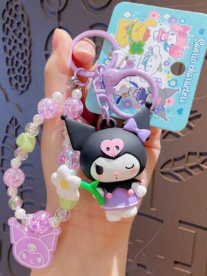 Authentic Sanrio Cartoon Beaded Bracelet Keychain, Creative Kuromi Car & Bag Key Chain Doll Pendant