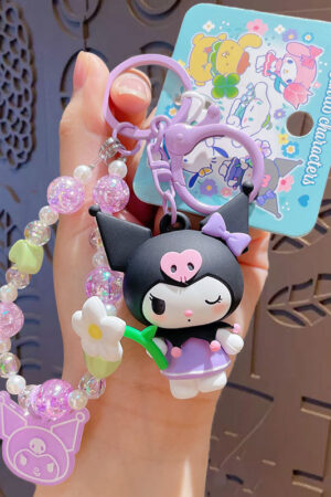 Authentic Sanrio Cartoon Beaded Bracelet Keychain, Creative Kuromi Car & Bag Key Chain Doll Pendant