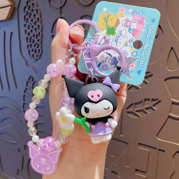 authentic sanrio cartoon beaded bracelet keychain, creative kuromi car & bag key chain doll pendant