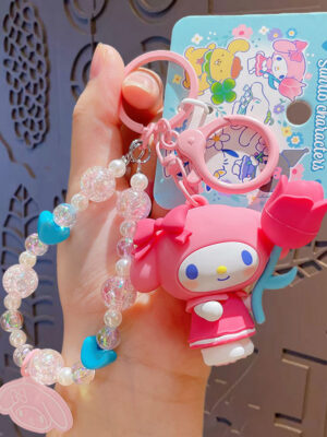 Authentic Sanrio Cartoon Beaded Bracelet Keychain, Creative Kuromi Car & Bag Key Chain Doll Pendant
