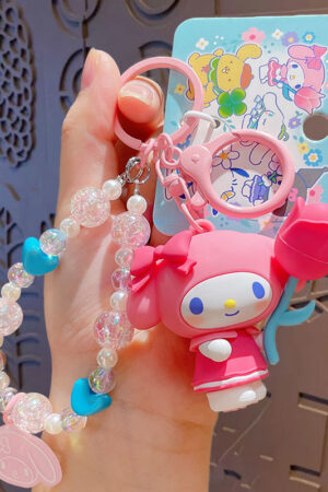 Authentic Sanrio Cartoon Beaded Bracelet Keychain, Creative Kuromi Car & Bag Key Chain Doll Pendant