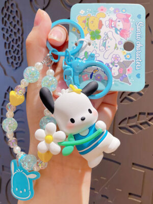 Authentic Sanrio Cartoon Beaded Bracelet Keychain, Creative Kuromi Car & Bag Key Chain Doll Pendant