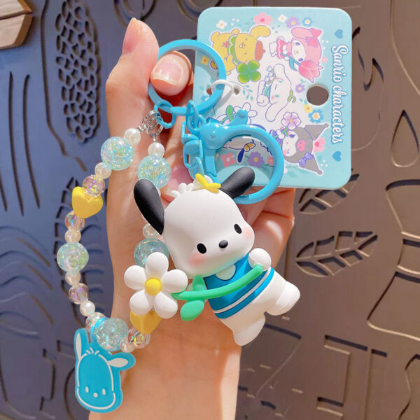 authentic sanrio cartoon beaded bracelet keychain, creative kuromi car & bag key chain doll pendant