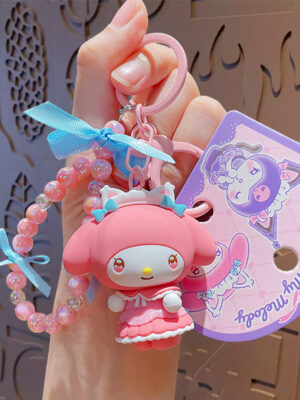 Authentic Sanrio Cartoon Beaded Bracelet Keychain, Creative Kuromi Car & Bag Key Chain Doll Pendant