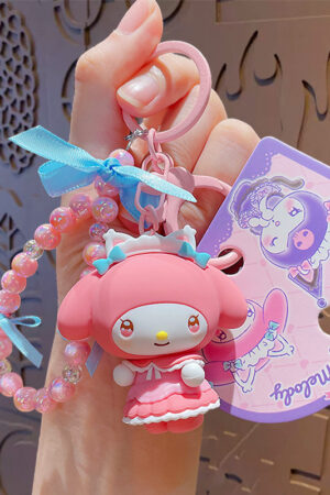 Authentic Sanrio Cartoon Beaded Bracelet Keychain, Creative Kuromi Car & Bag Key Chain Doll Pendant