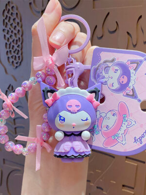 Authentic Sanrio Cartoon Beaded Bracelet Keychain, Creative Kuromi Car & Bag Key Chain Doll Pendant