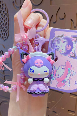 Authentic Sanrio Cartoon Beaded Bracelet Keychain, Creative Kuromi Car & Bag Key Chain Doll Pendant
