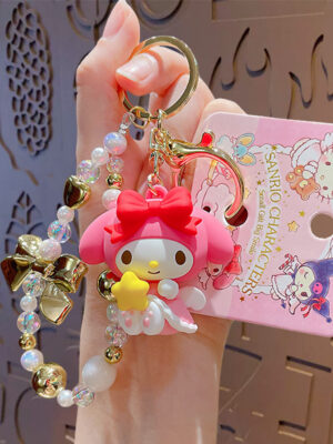Authentic Sanrio Cartoon Beaded Bracelet Keychain, Creative Kuromi Car & Bag Key Chain Doll Pendant