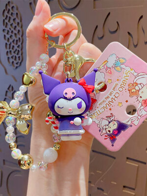 Authentic Sanrio Cartoon Beaded Bracelet Keychain, Creative Kuromi Car & Bag Key Chain Doll Pendant