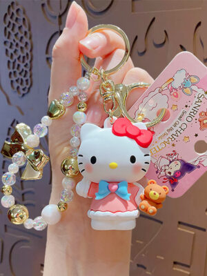 Authentic Sanrio Cartoon Beaded Bracelet Keychain, Creative Kuromi Car & Bag Key Chain Doll Pendant